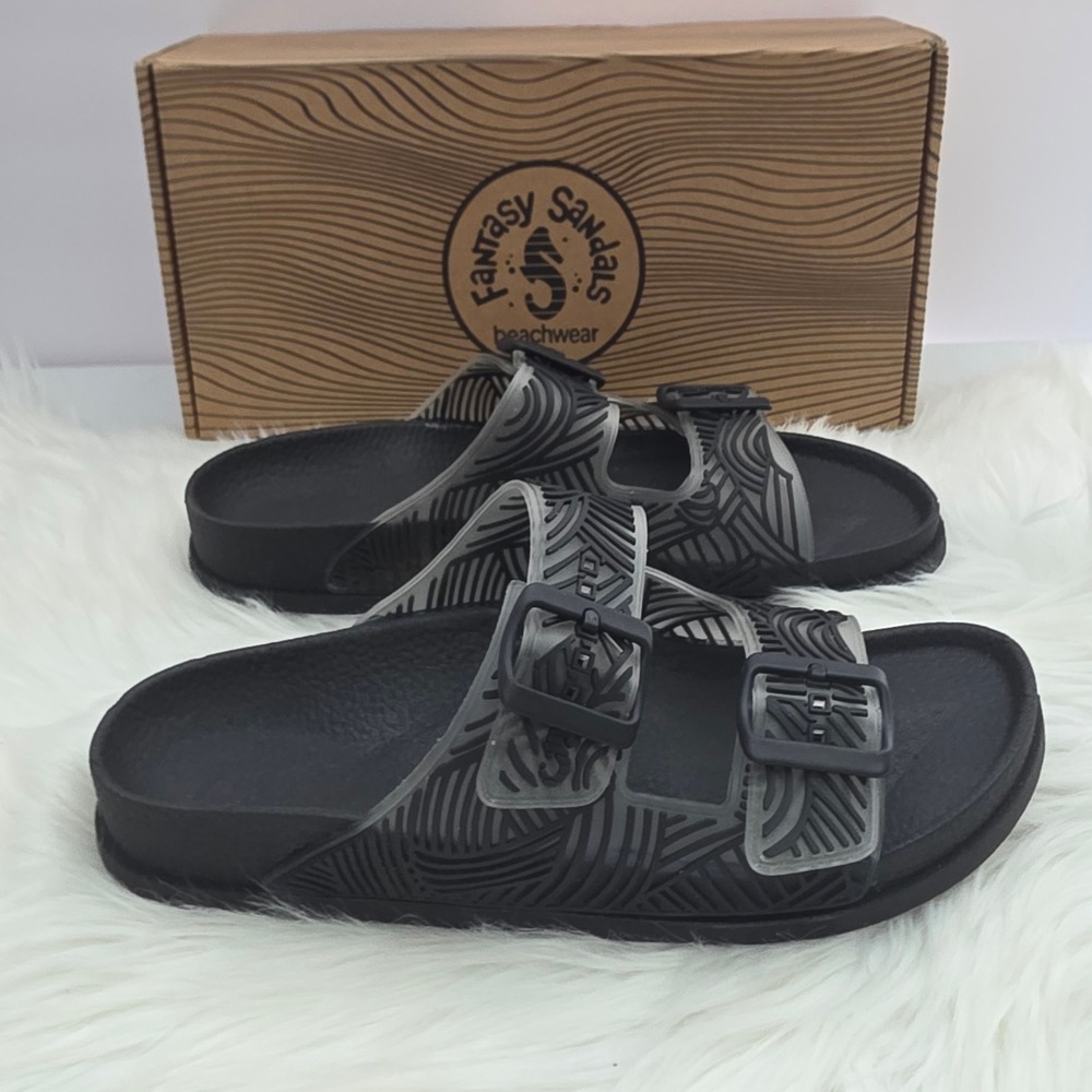 Fantasy Sandals B200 Riviera Womens 38 Black Transparent New Double Strap Slides